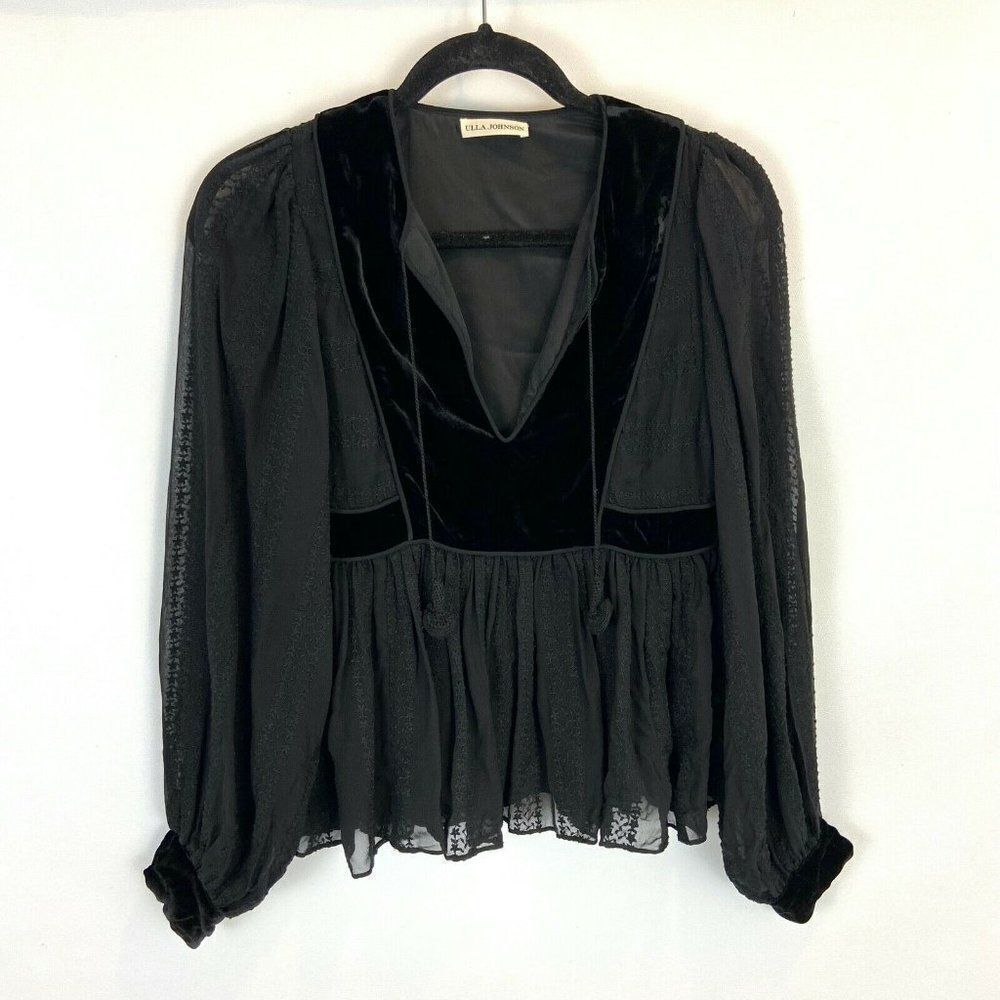 Ulla Johnson Riya Blouse Women's size 4 Black Silk Sheer Velvet Embroidered Top